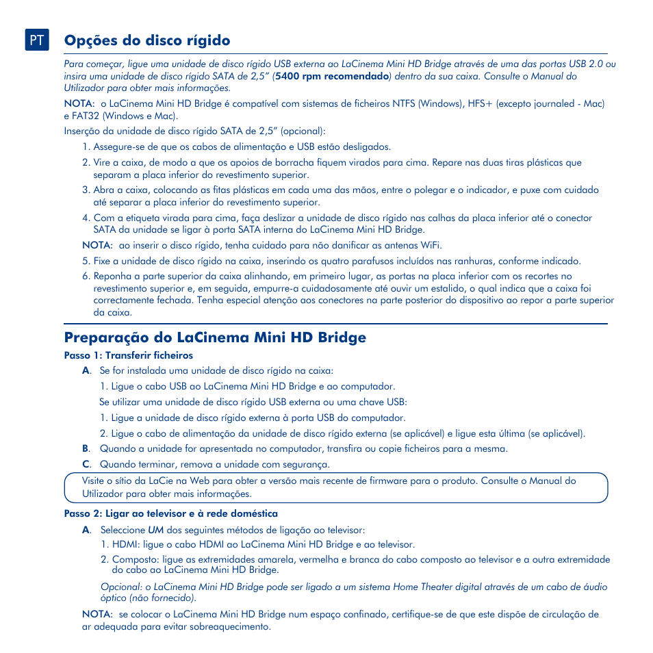 Opções do disco rígido, Preparação do lacinema mini hd bridge | LaCie La Cinema Mini BridgeHD User Manual | Page 24 / 48