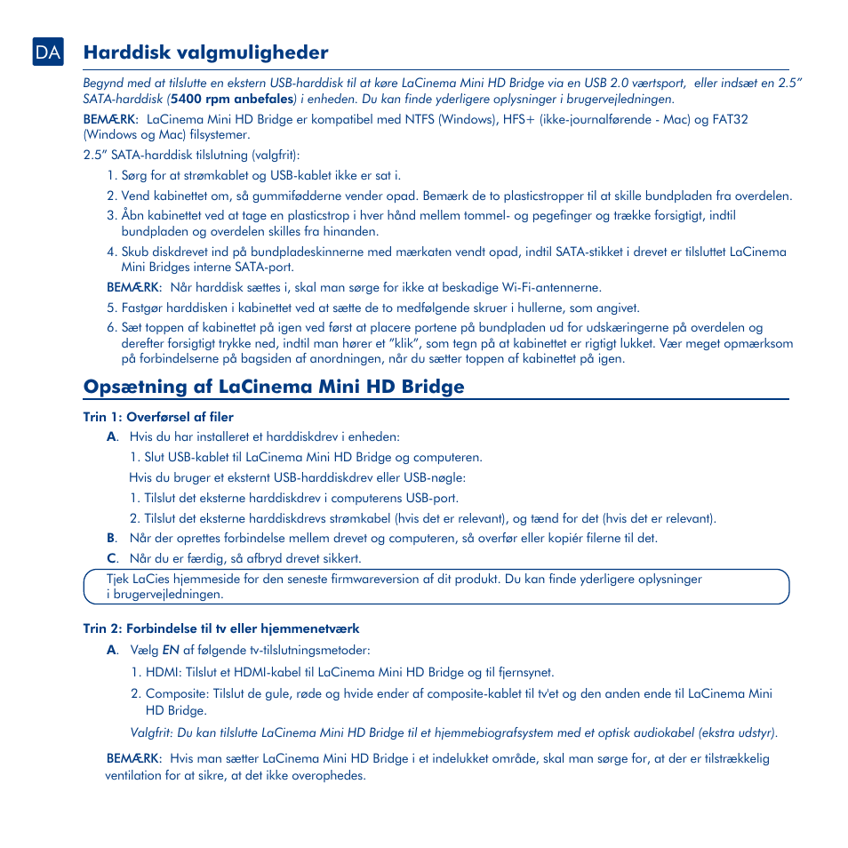 Harddisk valgmuligheder, Opsætning af lacinema mini hd bridge | LaCie La Cinema Mini BridgeHD User Manual | Page 28 / 48