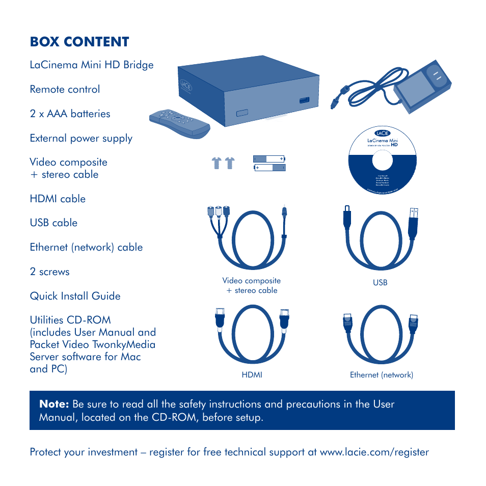 Box content | LaCie La Cinema Mini BridgeHD User Manual | Page 3 / 48