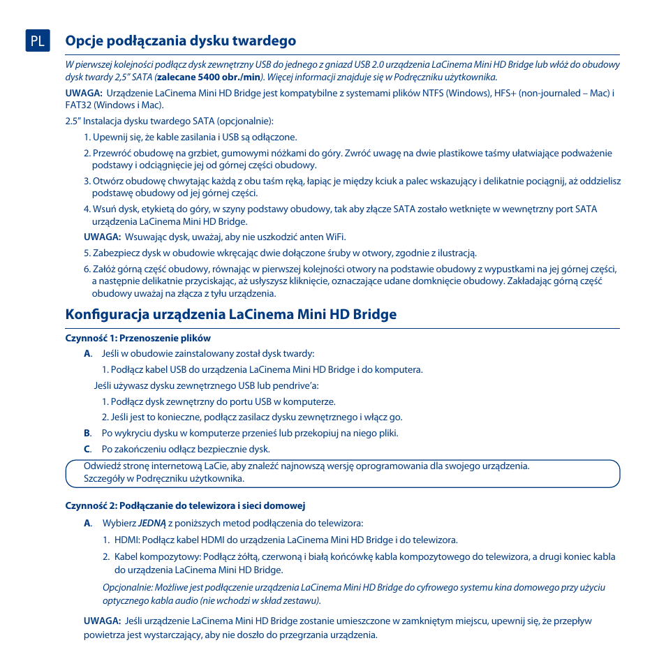 Opcje podłączania dysku twardego, Konfiguracja urządzenia lacinema mini hd bridge | LaCie La Cinema Mini BridgeHD User Manual | Page 32 / 48