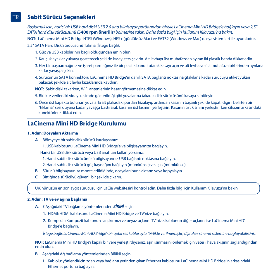 Sabit sürücü seçenekleri, Lacinema mini hd bridge kurulumu | LaCie La Cinema Mini BridgeHD User Manual | Page 42 / 48
