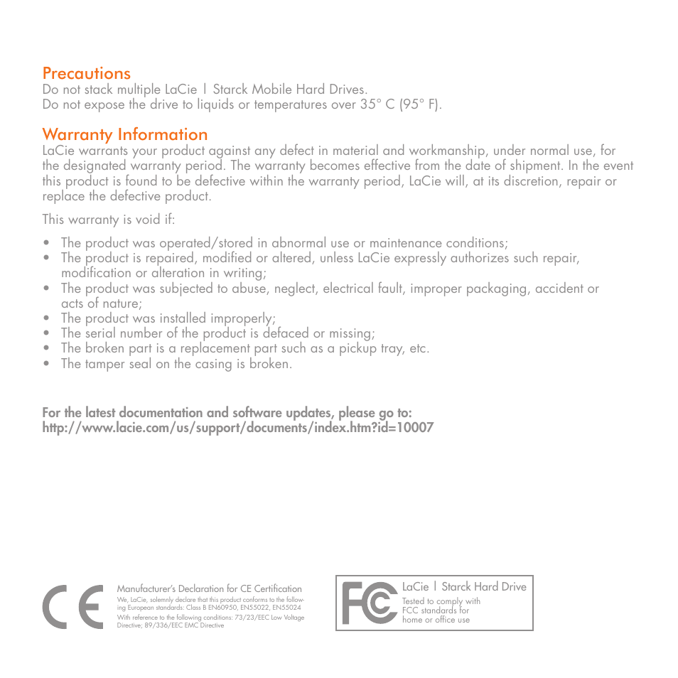 Precautions, Warranty information | LaCie Starck Mobile User Manual | Page 5 / 24