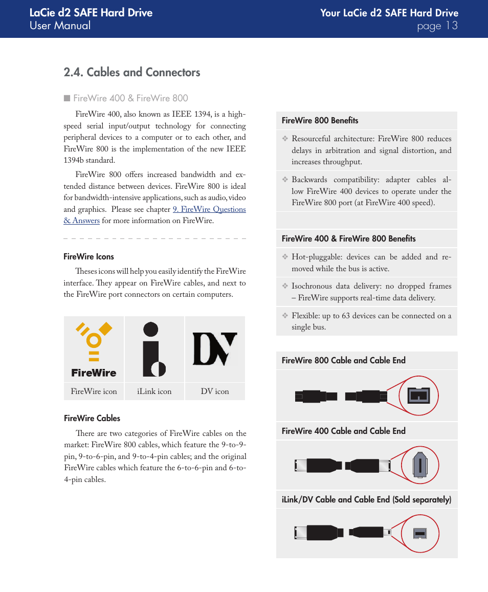 Cables and connectors, Lacie d2 safe hard drive user manual page | LaCie d2 User Manual | Page 13 / 54