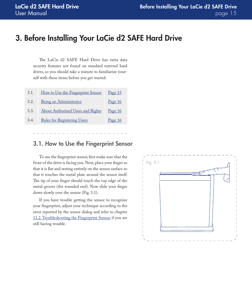 Before installing your lacie d2 safe hard drive, How to use the fingerprint sensor | LaCie d2 User Manual | Page 15 / 54