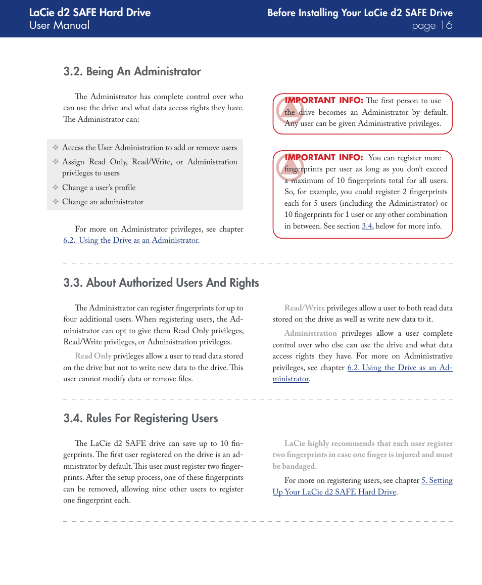 Being an administrator, About authorized users and rights, Rules for registering users | Lacie d2 safe hard drive user manual page | LaCie d2 User Manual | Page 16 / 54