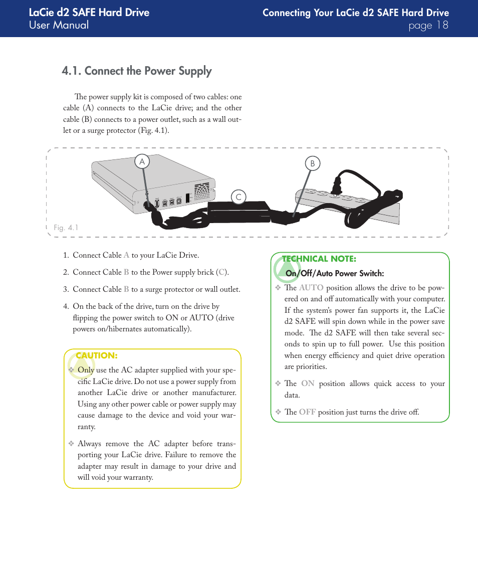 Connect the power supply, Lacie d2 safe hard drive user manual page, Connecting your lacie d2 safe hard drive | LaCie d2 User Manual | Page 18 / 54