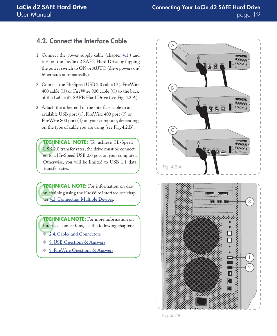 Connect the interface cable, Lacie d2 safe hard drive user manual page, Connecting your lacie d2 safe hard drive | LaCie d2 User Manual | Page 19 / 54