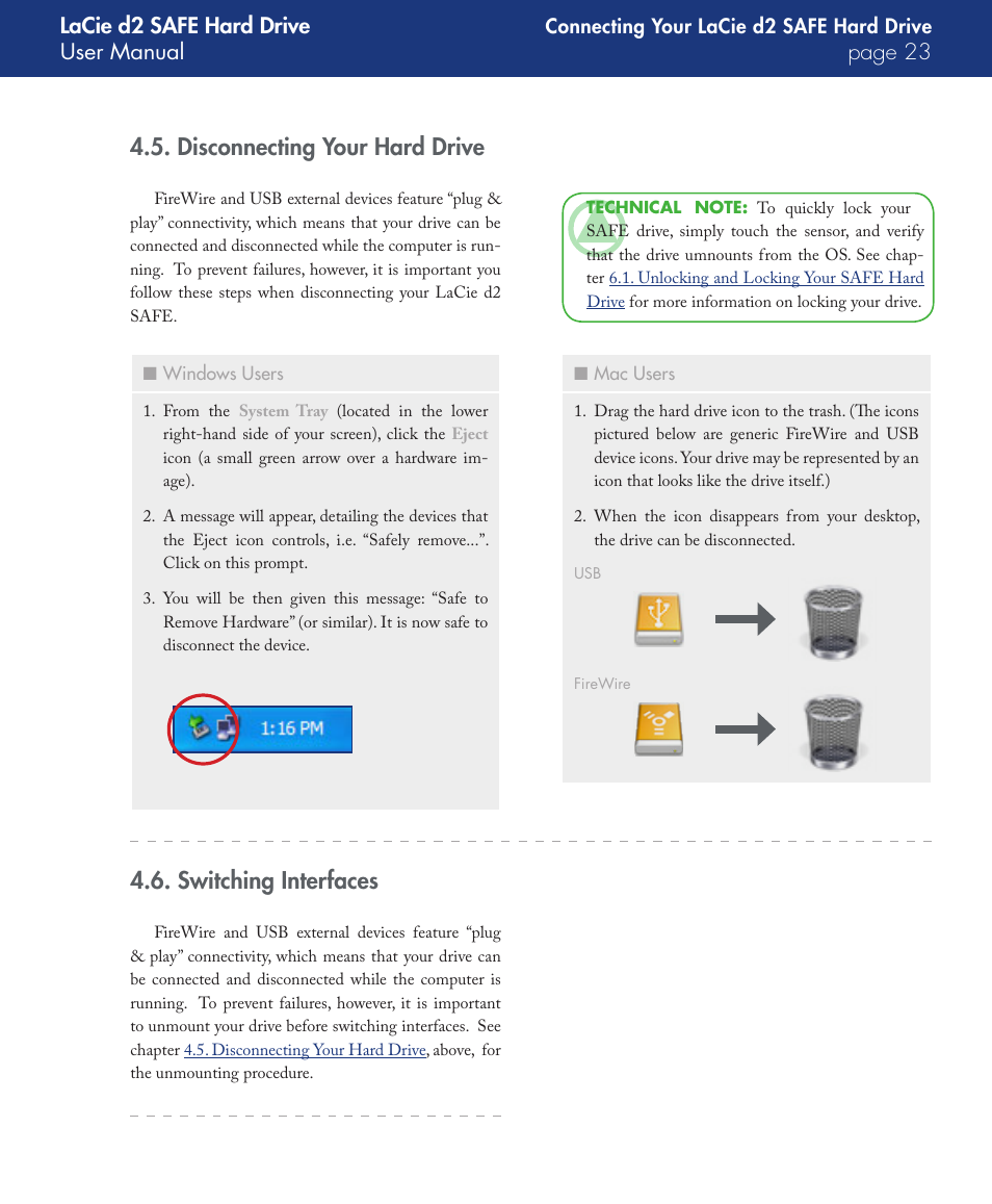 Disconnecting your hard drive, Switching interfaces, Lacie d2 safe hard drive user manual page | LaCie d2 User Manual | Page 23 / 54