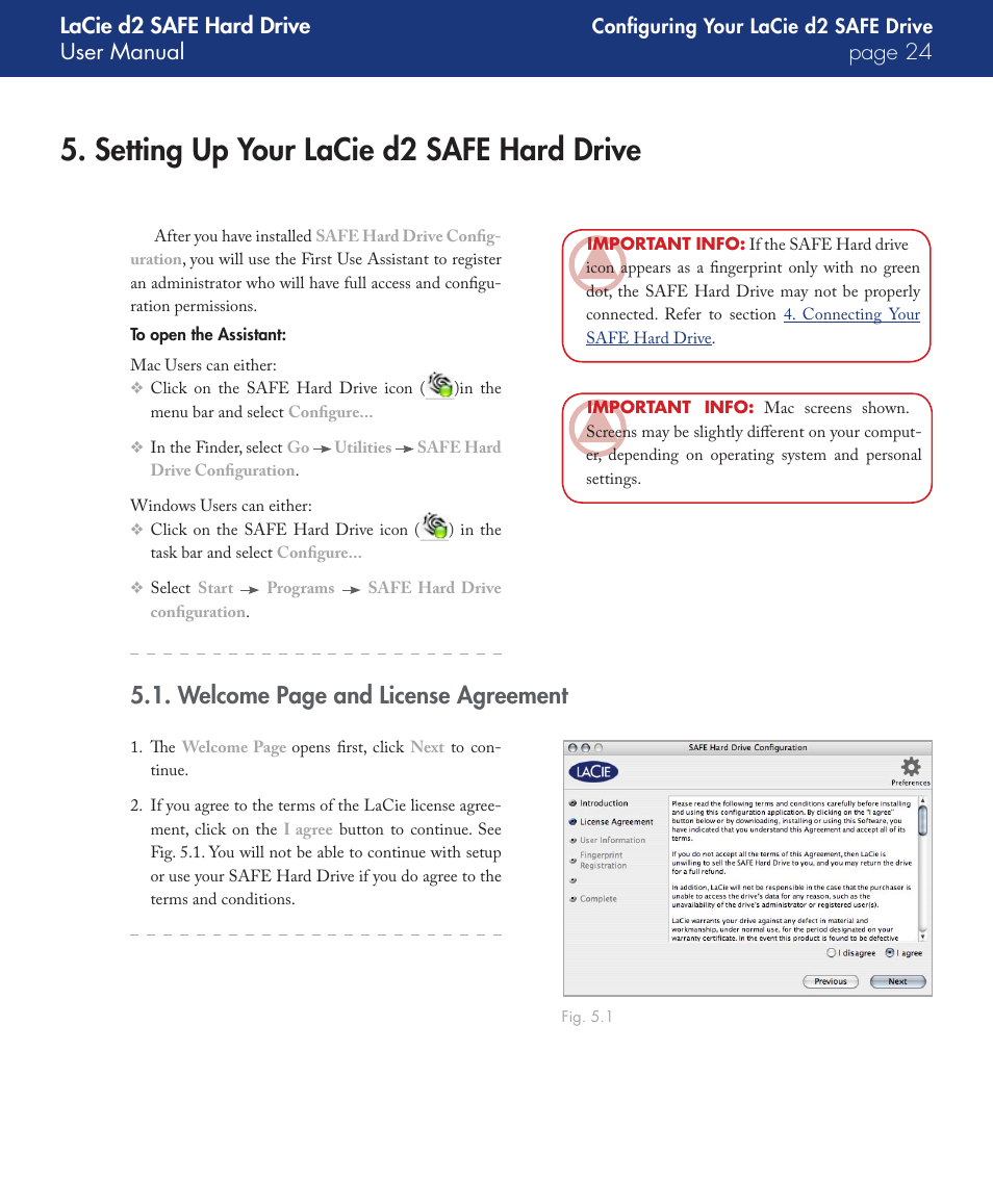 Setting up your lacie d2 safe hard drive, Welcome page and license agreement, Lacie d2 safe hard drive user manual page | LaCie d2 User Manual | Page 24 / 54