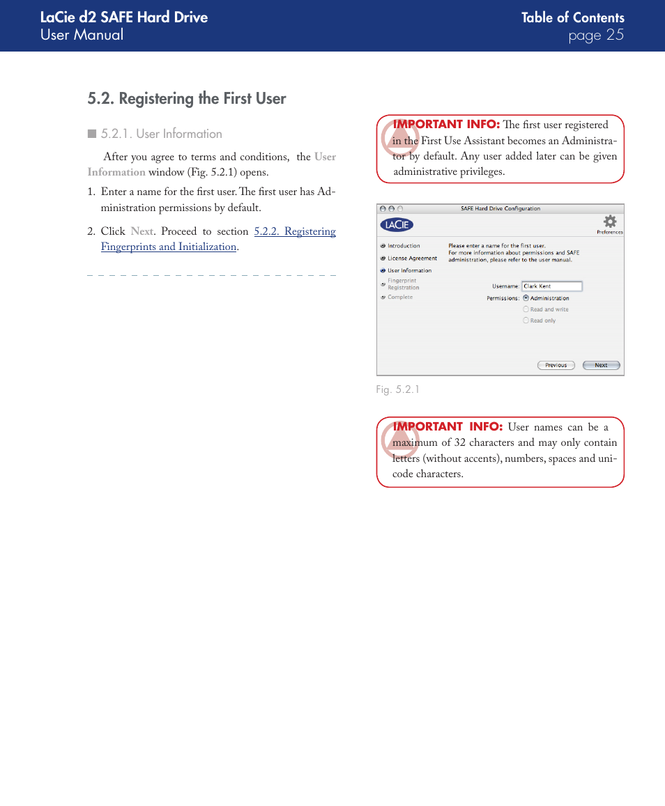 Registering the first user, User information | LaCie d2 User Manual | Page 25 / 54