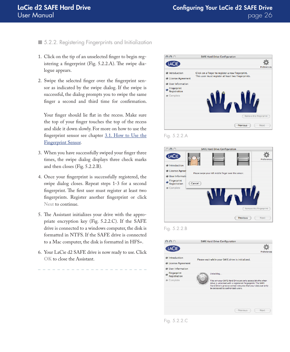 Registering fingerprints and initialization, Lacie d2 safe hard drive user manual page | LaCie d2 User Manual | Page 26 / 54