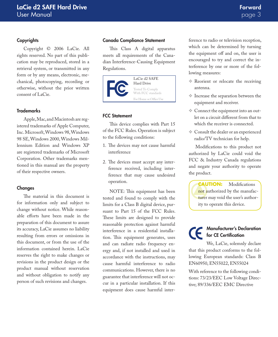 Lacie d2 safe hard drive user manual page | LaCie d2 User Manual | Page 3 / 54