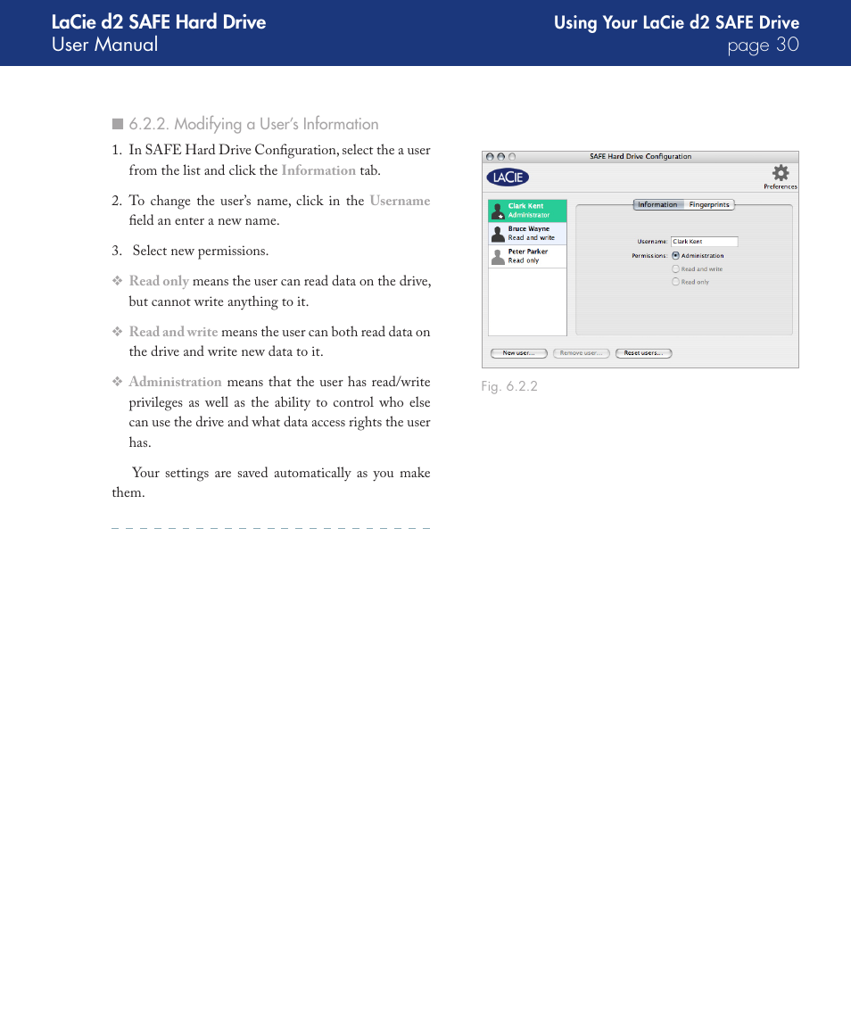 Modifying a user’s information, Lacie d2 safe hard drive user manual page 0 | LaCie d2 User Manual | Page 30 / 54