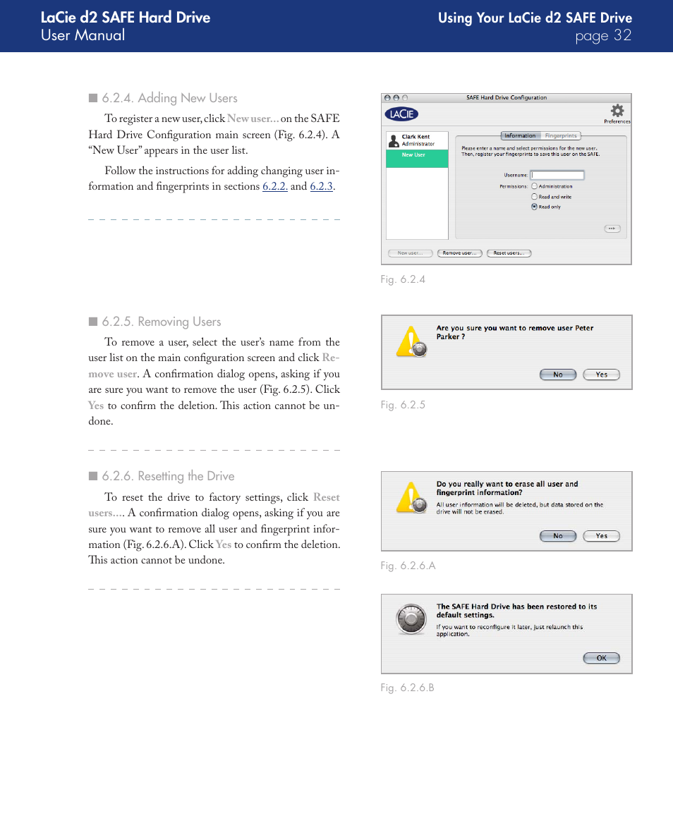 Adding new users, Removing users, Resetting the drive | Lacie d2 safe hard drive user manual page | LaCie d2 User Manual | Page 32 / 54