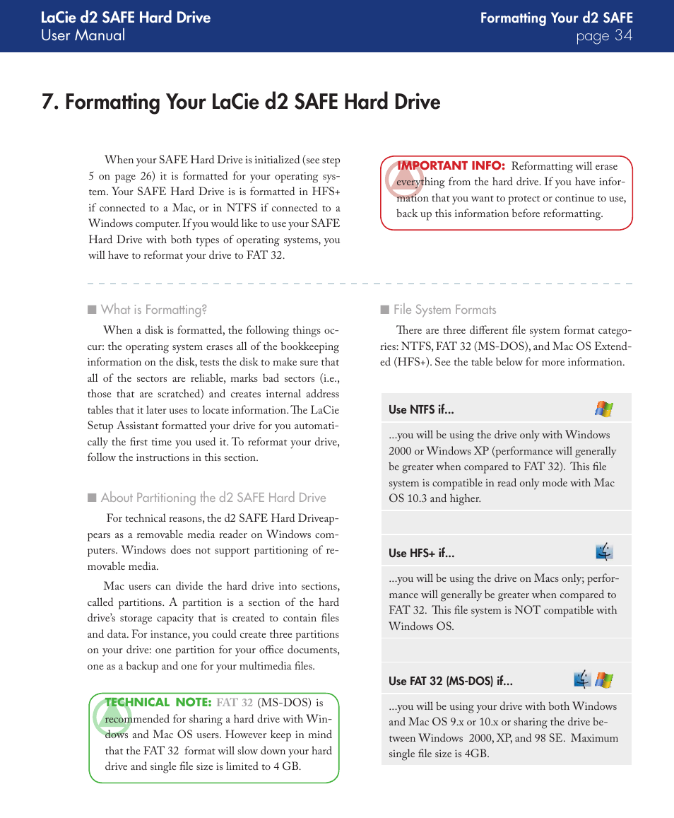 Formatting your lacie d2 safe hard drive, Lacie d2 safe hard drive user manual page | LaCie d2 User Manual | Page 34 / 54