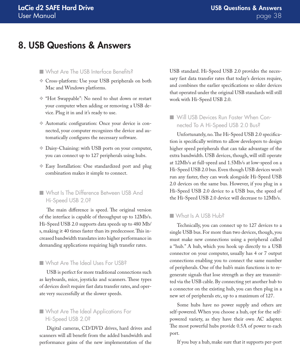 Usb questions & answers, Lacie d2 safe hard drive user manual page | LaCie d2 User Manual | Page 38 / 54