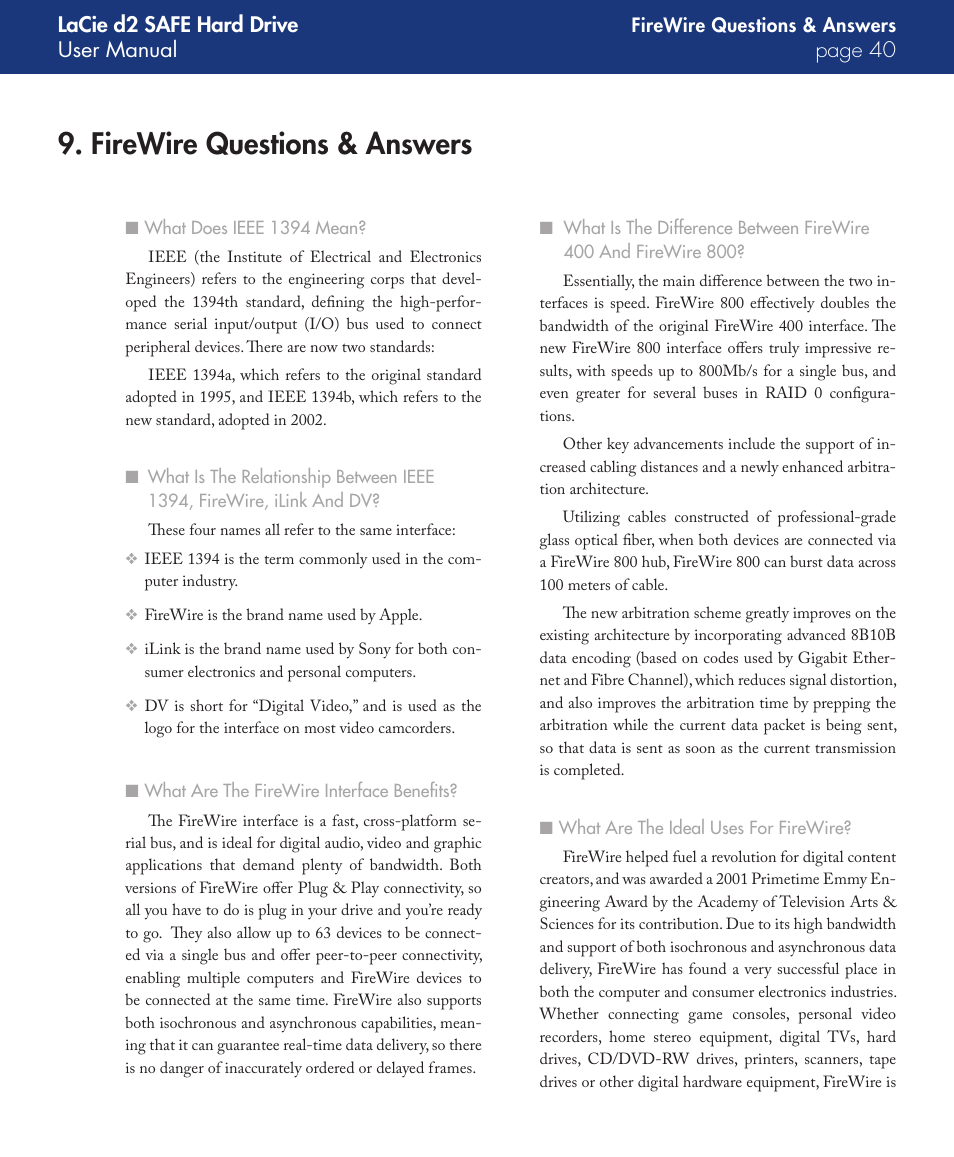 Firewire questions & answers, Lacie d2 safe hard drive user manual page 0 | LaCie d2 User Manual | Page 40 / 54