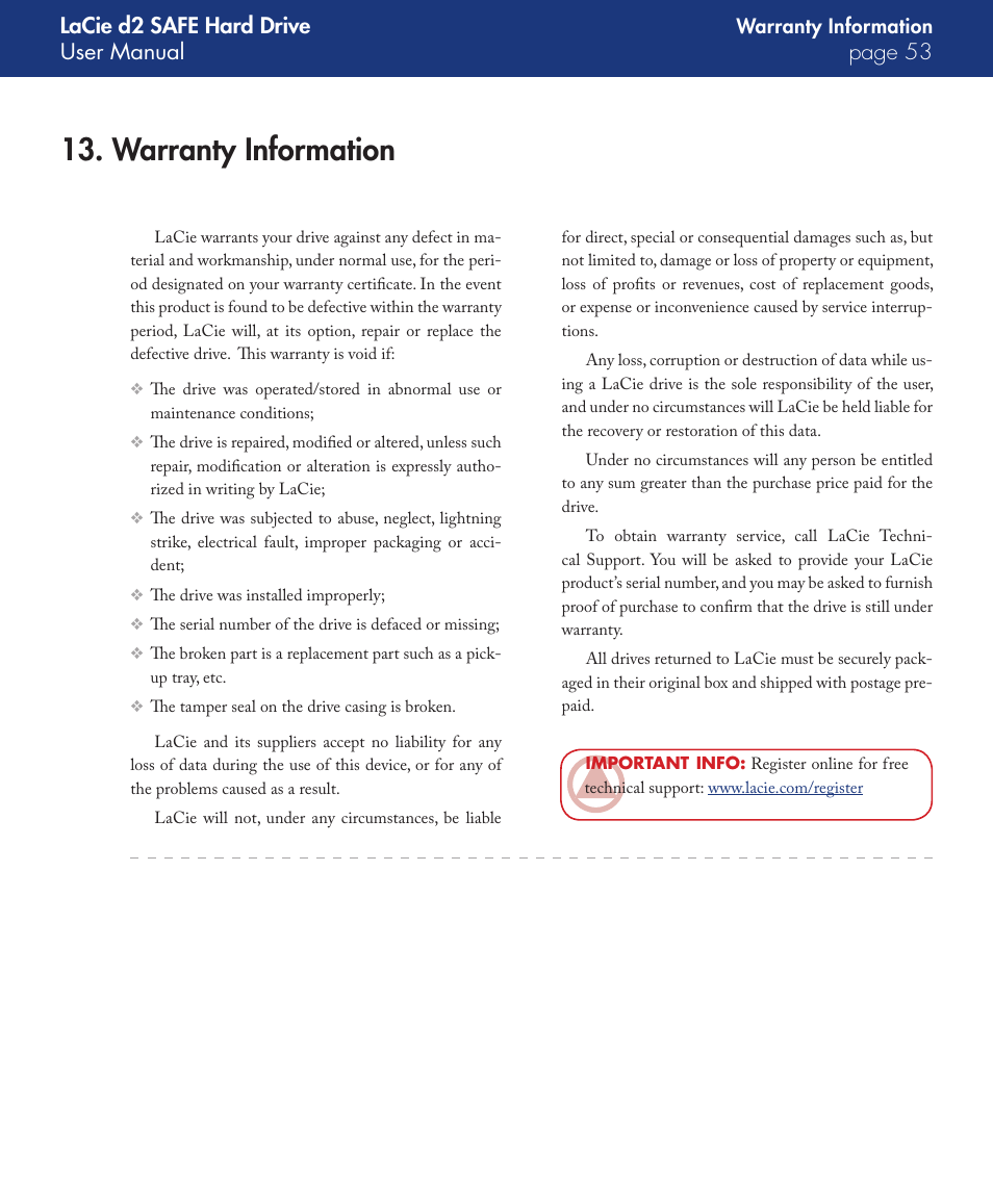 Warranty information, Lacie d2 safe hard drive user manual page | LaCie d2 User Manual | Page 53 / 54