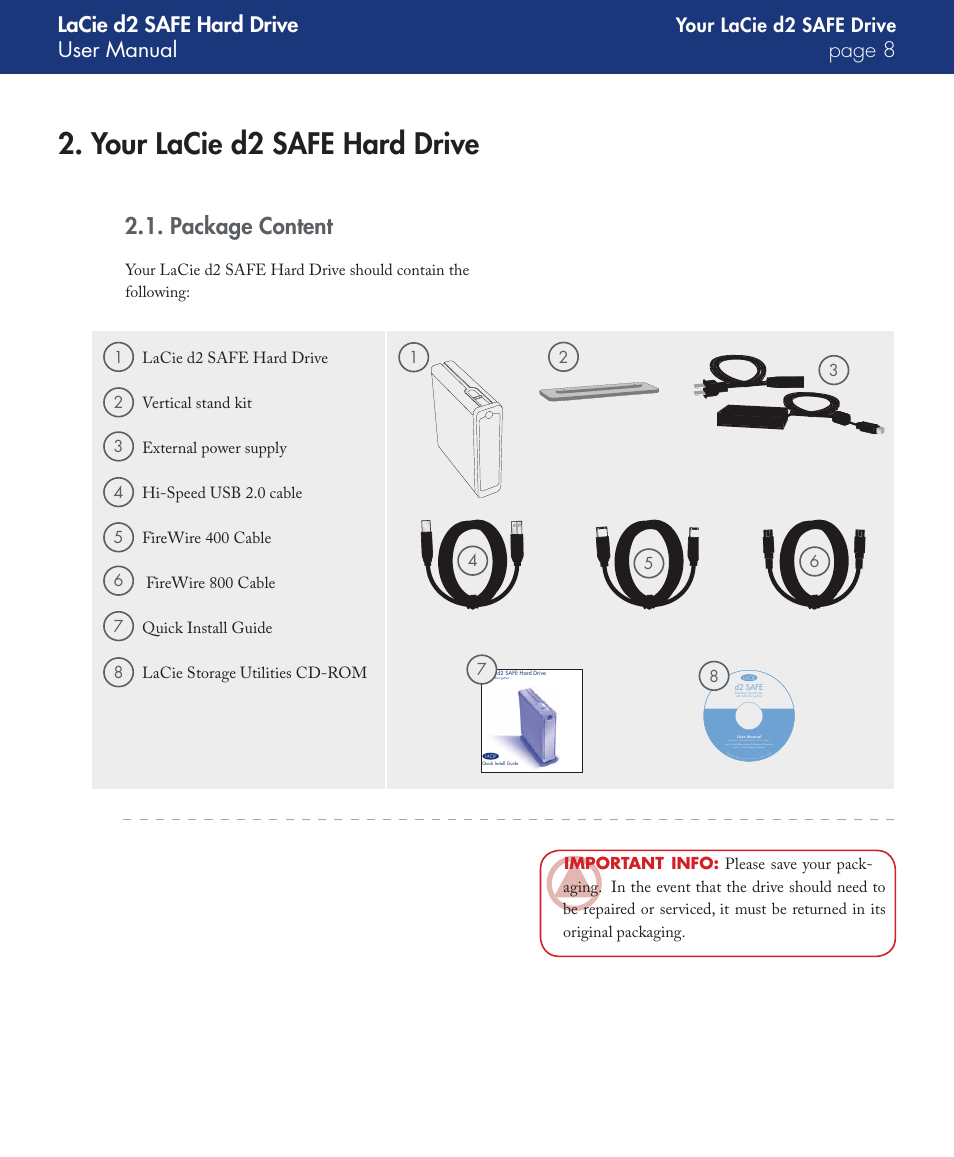 Your lacie d2 safe hard drive, Package content, Lacie d2 safe hard drive user manual page | Your lacie d2 safe drive | LaCie d2 User Manual | Page 8 / 54