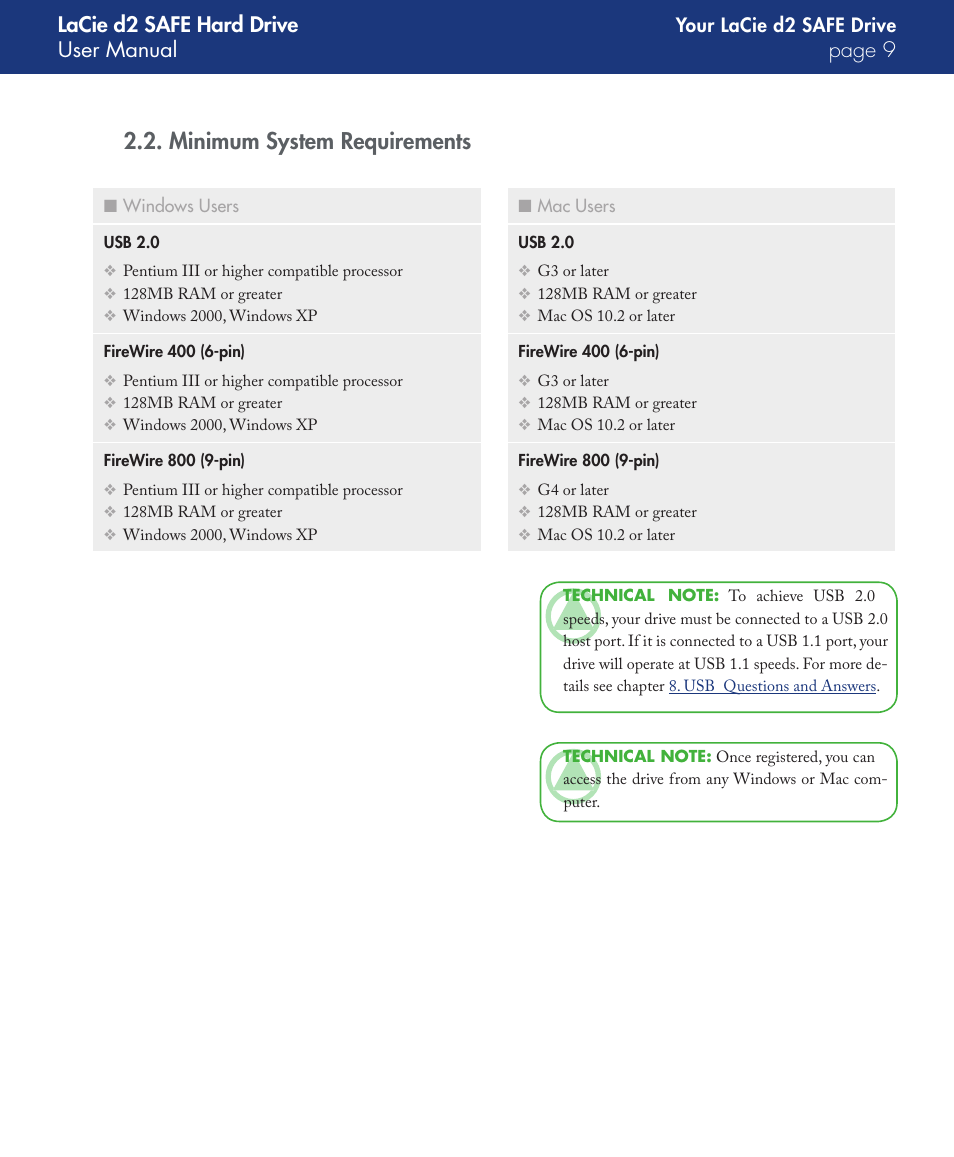 Minimum system requirements, Lacie d2 safe hard drive user manual page | LaCie d2 User Manual | Page 9 / 54