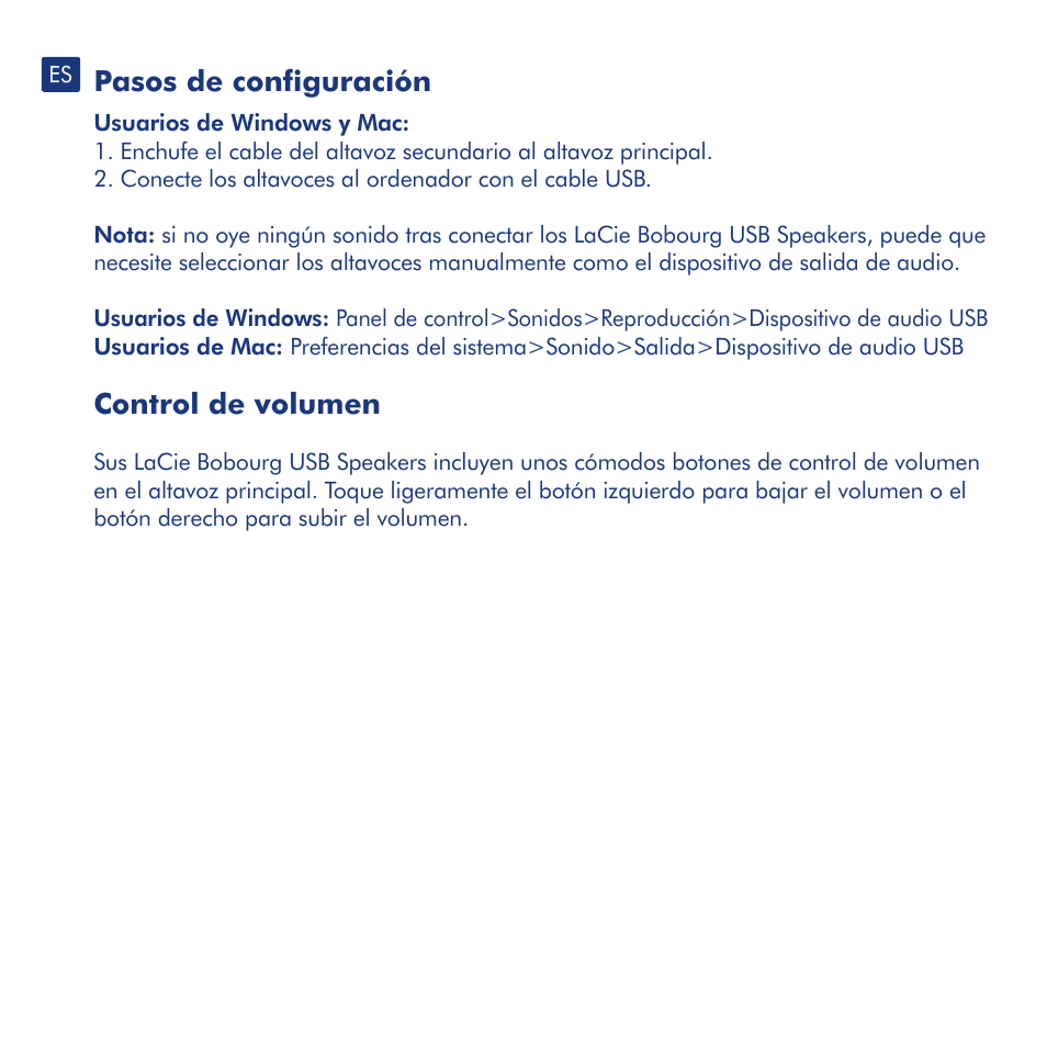 Pasos de configuración, Control de volumen | LaCie Bobourg USB Speakers User Manual | Page 10 / 24