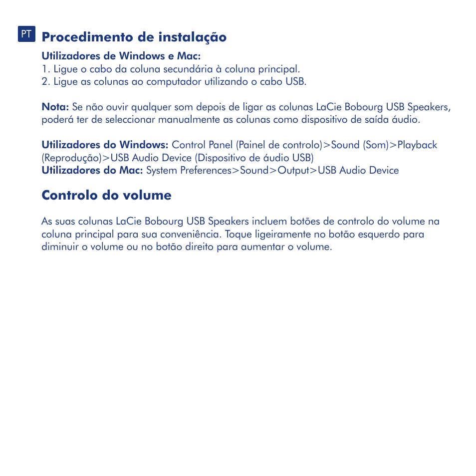 Procedimento de instalação, Controlo do volume | LaCie Bobourg USB Speakers User Manual | Page 12 / 24