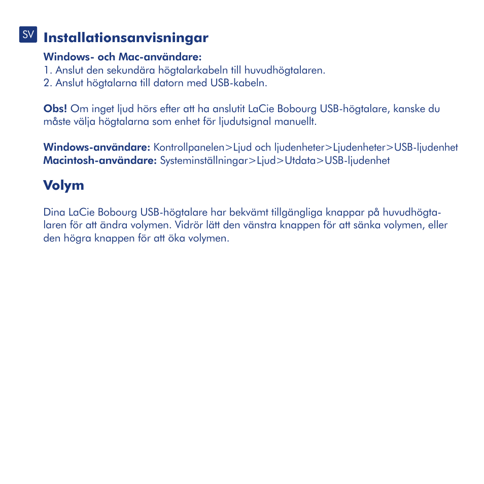 Installationsanvisningar, Volym | LaCie Bobourg USB Speakers User Manual | Page 13 / 24