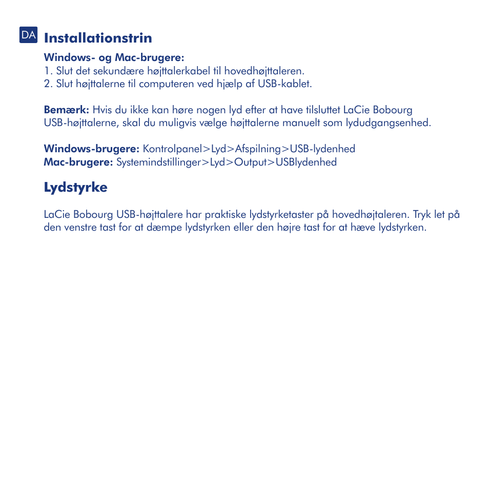 Installationstrin, Lydstyrke | LaCie Bobourg USB Speakers User Manual | Page 14 / 24