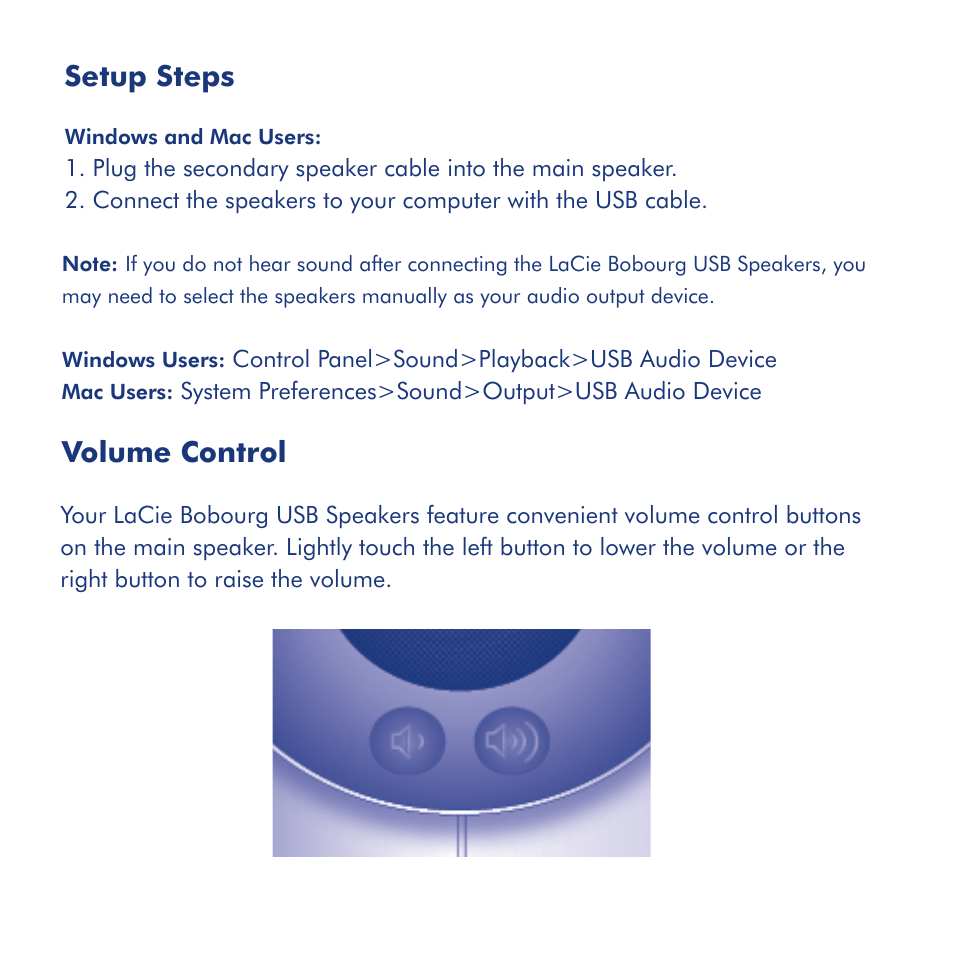 Setup steps, Volume control | LaCie Bobourg USB Speakers User Manual | Page 5 / 24