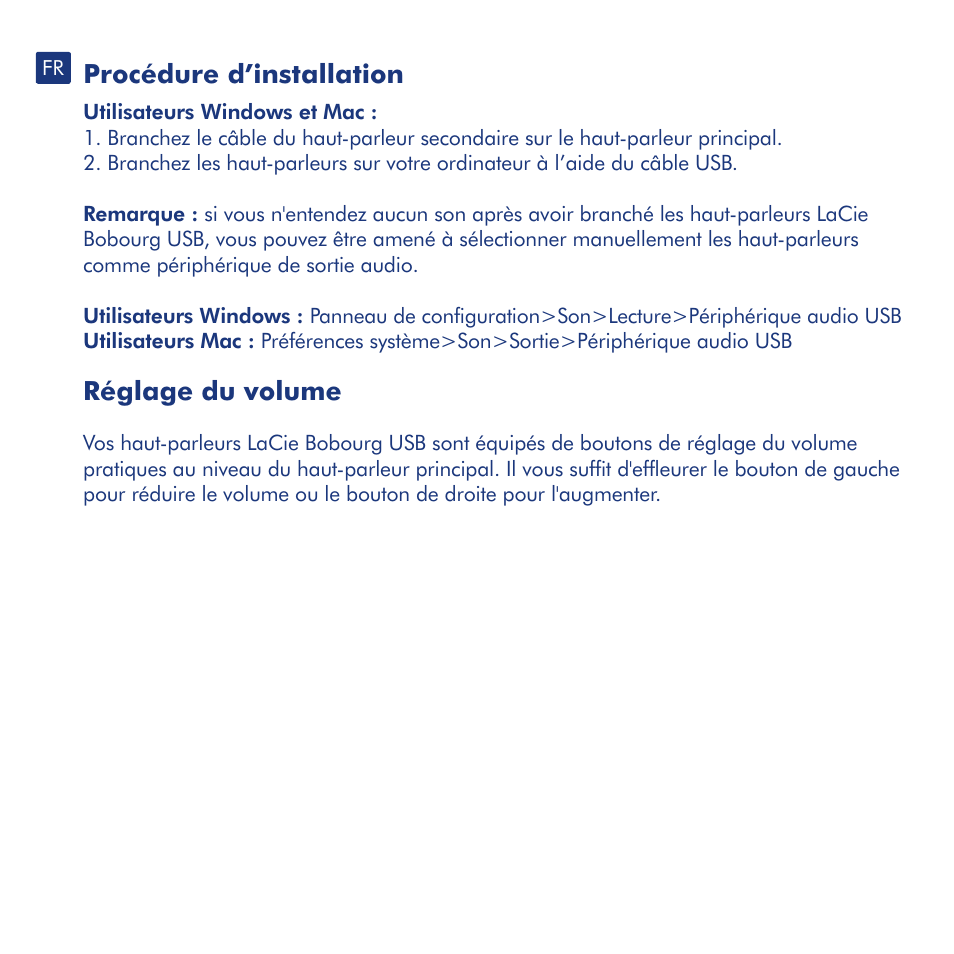 Procédure d’installation, Réglage du volume | LaCie Bobourg USB Speakers User Manual | Page 7 / 24