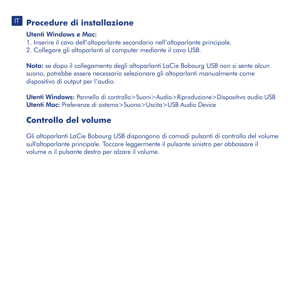 Procedure di installazione, Controllo del volume | LaCie Bobourg USB Speakers User Manual | Page 8 / 24