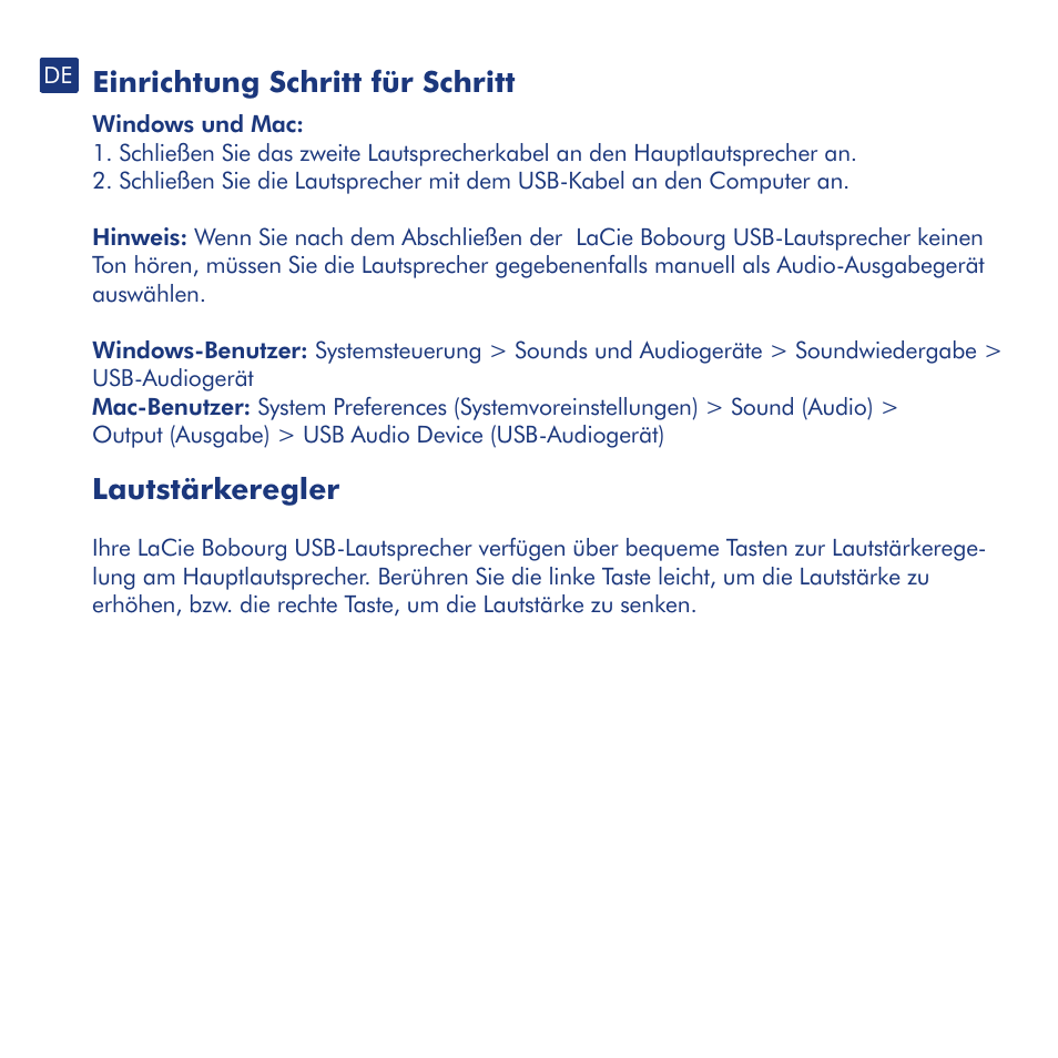 Procedure di installazione, Controllo del volume, Einrichtung schritt für schritt | Lautstärkeregler | LaCie Bobourg USB Speakers User Manual | Page 9 / 24