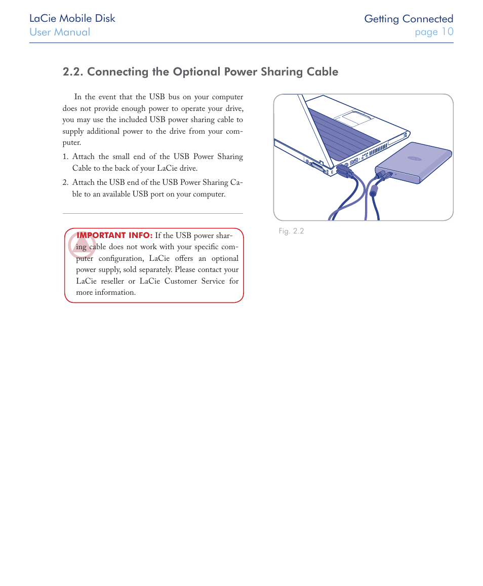 Connecting the optional power sharing cable | LaCie USB 2.0 User Manual | Page 10 / 25