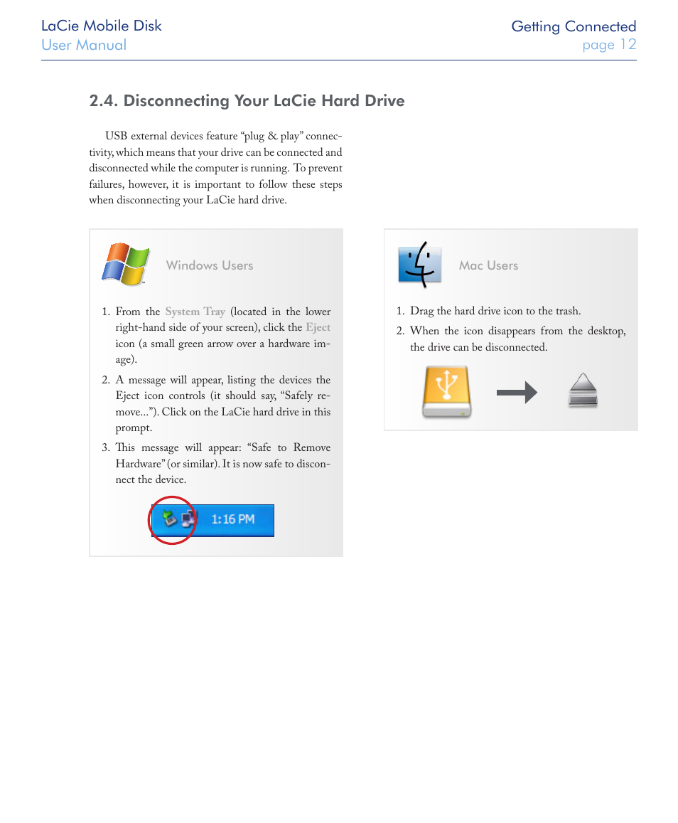 Disconnecting your lacie hard drive | LaCie USB 2.0 User Manual | Page 12 / 25