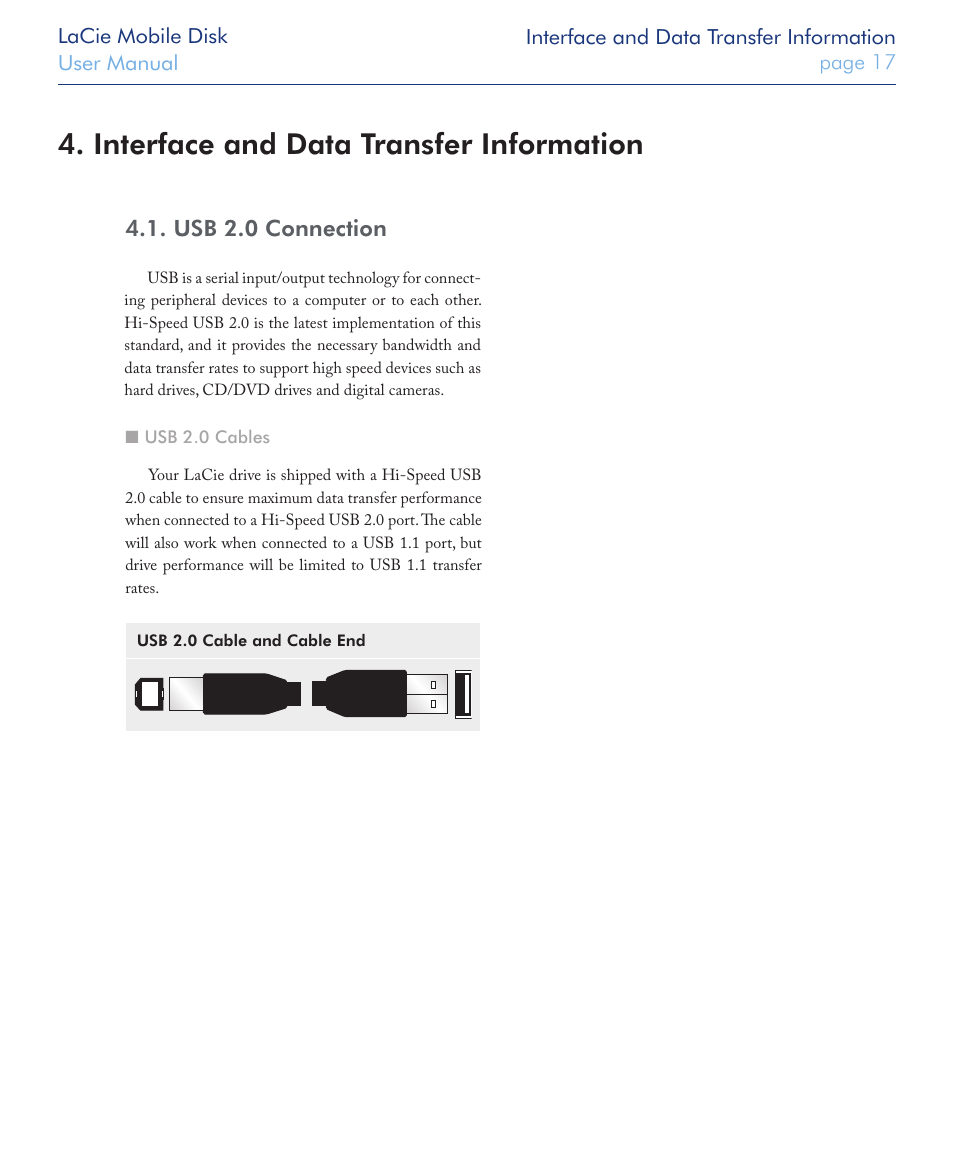 Interface and data transfer information, Usb 2.0 connection | LaCie USB 2.0 User Manual | Page 17 / 25