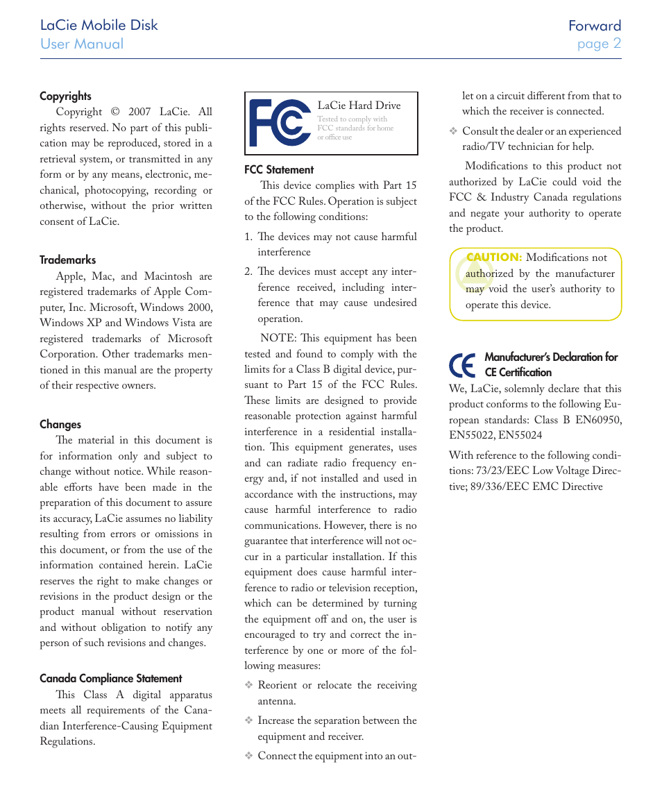 Lacie mobile disk user manual page 2 forward | LaCie USB 2.0 User Manual | Page 2 / 25