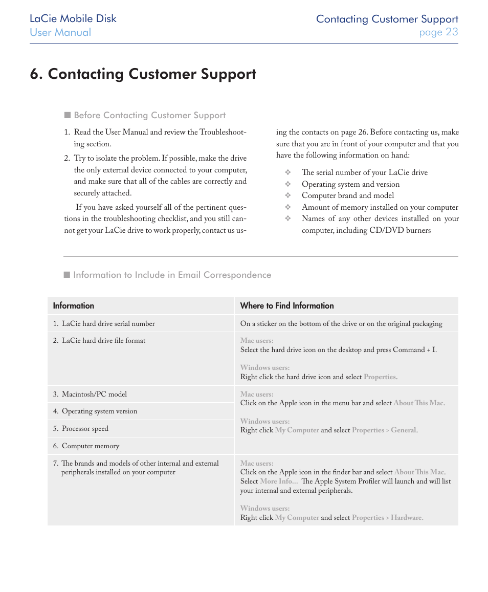 Contacting customer support | LaCie USB 2.0 User Manual | Page 23 / 25