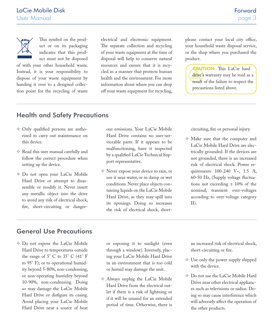 Health and safety precautions, General use precautions, Lacie mobile disk user manual page 3 forward | LaCie USB 2.0 User Manual | Page 3 / 25