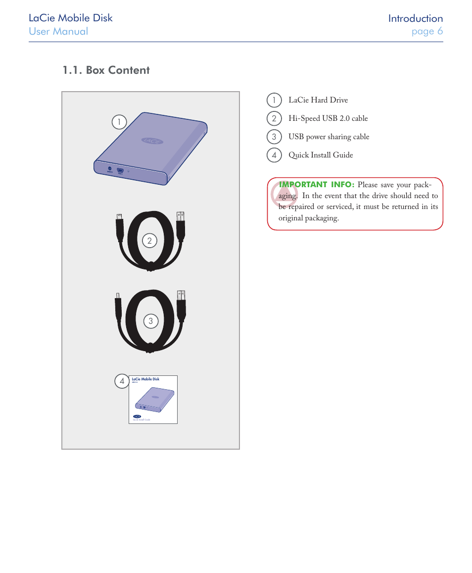 Box content, Lacie mobile disk user manual page 6 introduction | LaCie USB 2.0 User Manual | Page 6 / 25
