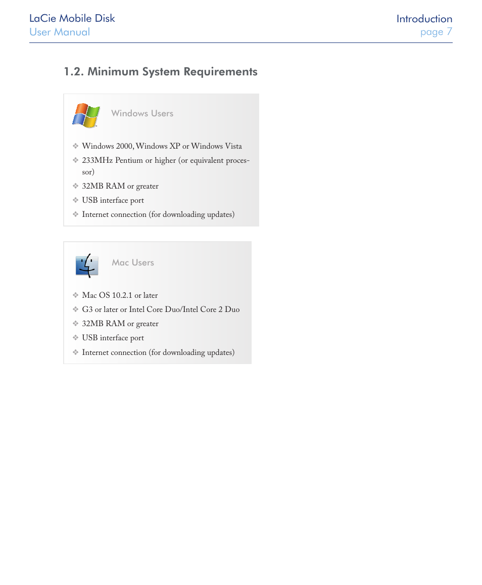 Minimum system requirements | LaCie USB 2.0 User Manual | Page 7 / 25