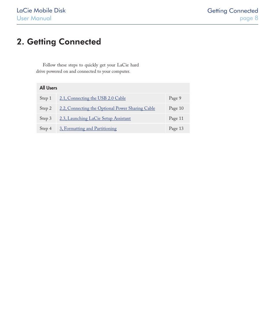 Getting connected | LaCie USB 2.0 User Manual | Page 8 / 25