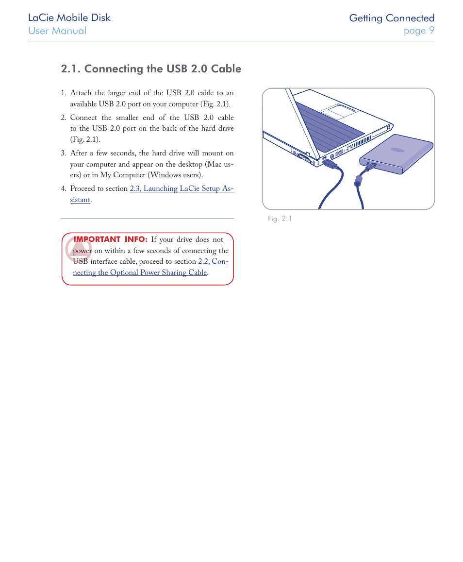 Connecting the usb 2.0 cable | LaCie USB 2.0 User Manual | Page 9 / 25