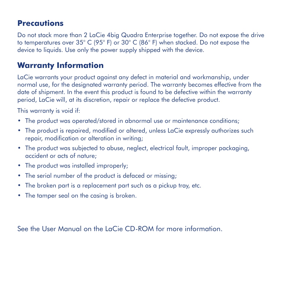 Precautions, Warranty information | LaCie 4big Quadra User Manual | Page 9 / 28