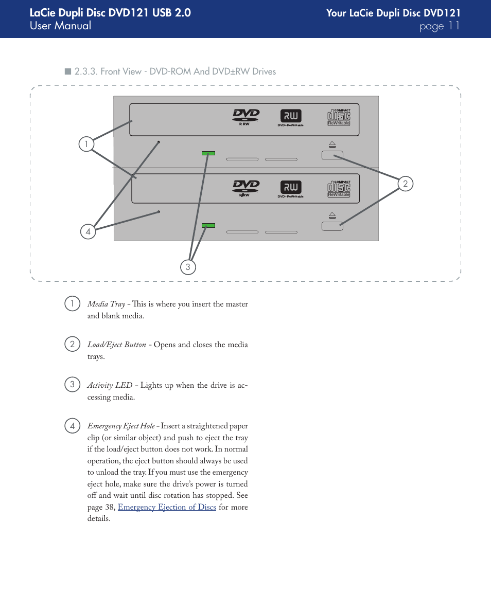 Front view - dvd-rom and dvd±rw drives | LaCie DVD121 User Manual | Page 11 / 40