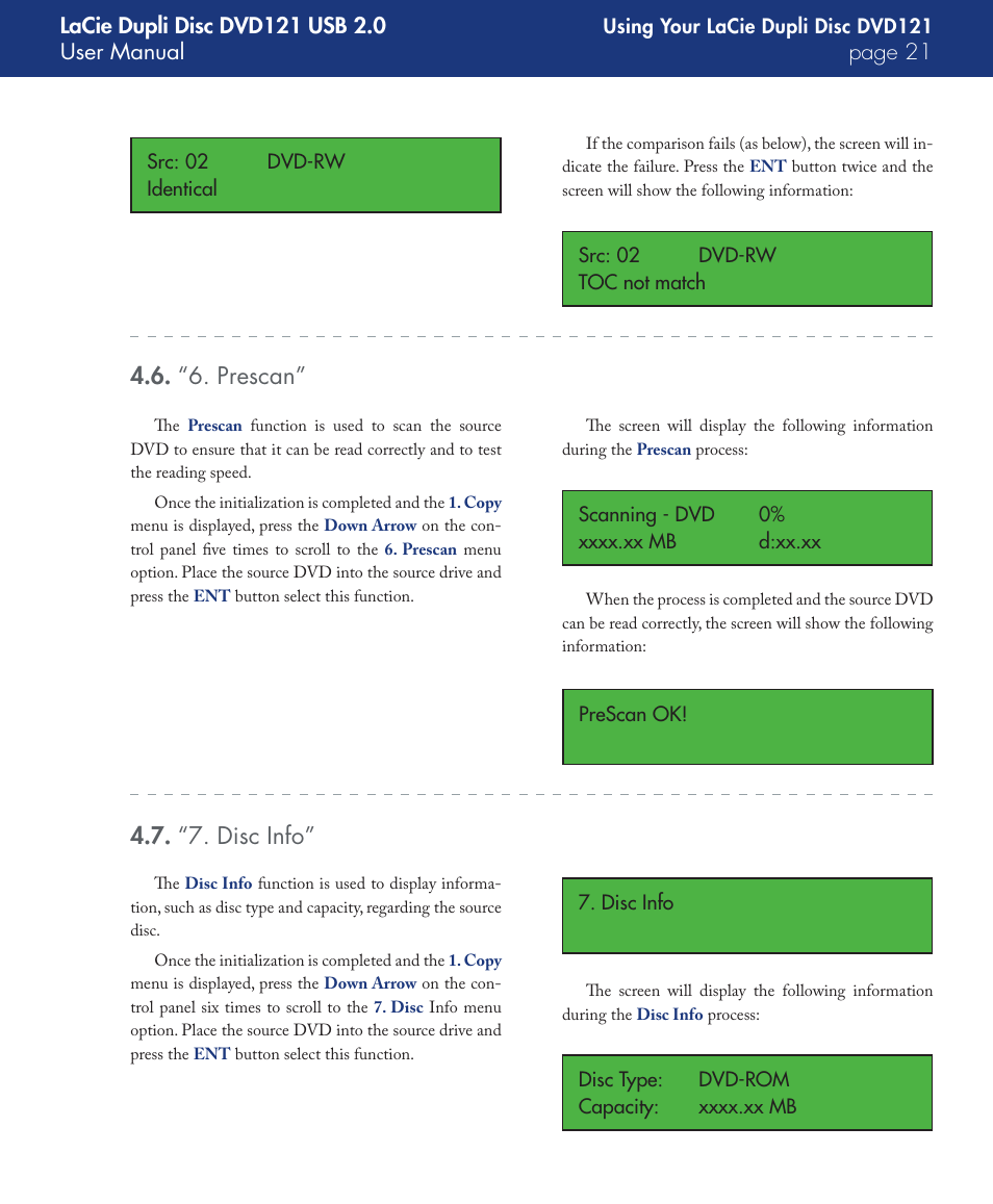 “6. prescan, “7. disc info | LaCie DVD121 User Manual | Page 21 / 40