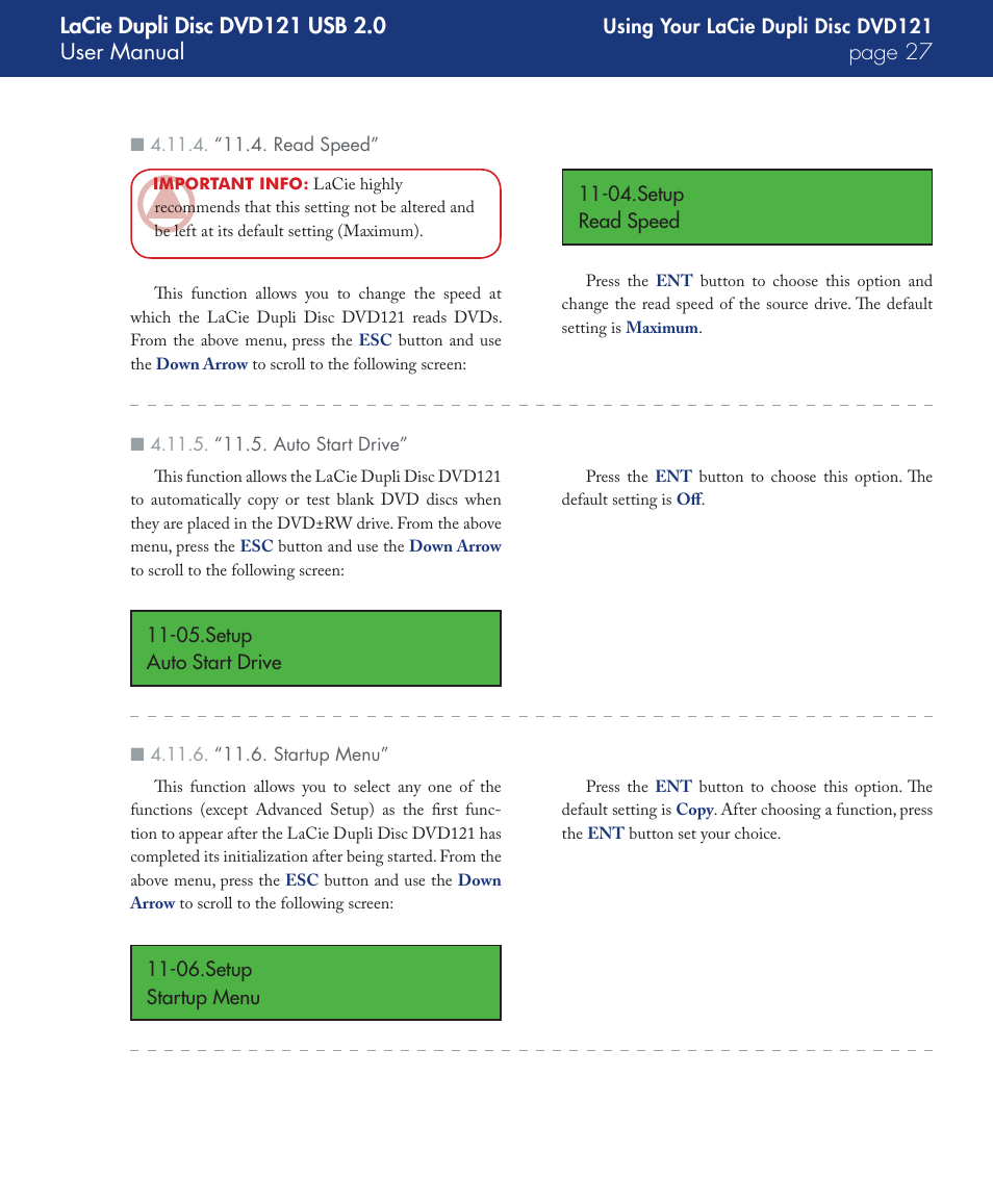 “11.4. read speed, “11.5. auto start drive, “11.6. startup menu | LaCie DVD121 User Manual | Page 27 / 40