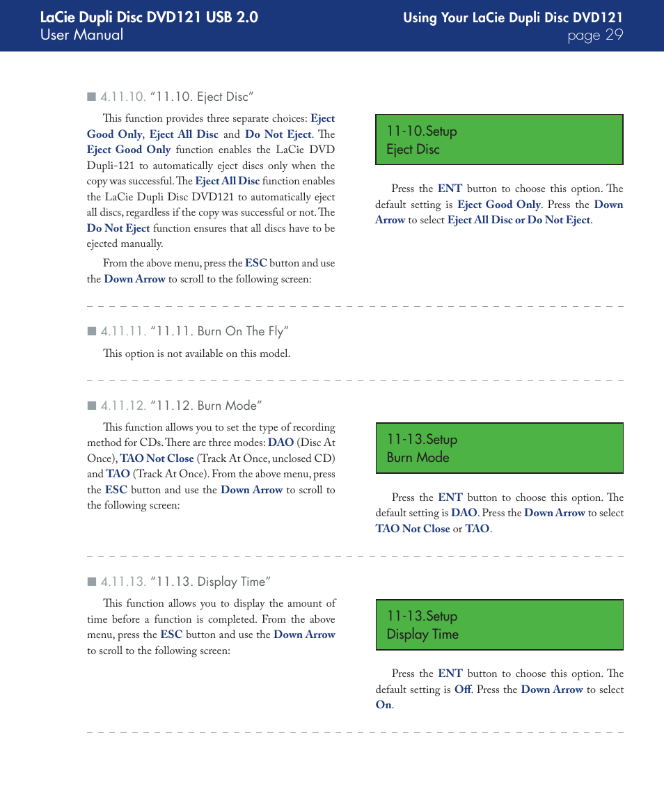 “11.10. eject disc, “11.11. burn on the fly, “11.12. burn mode | “11.13. display time | LaCie DVD121 User Manual | Page 29 / 40