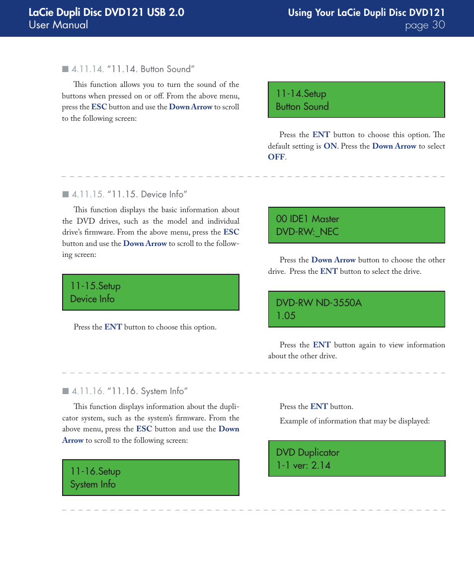 “11.14. button sound, “11.15. device info, “11.16. system info | LaCie DVD121 User Manual | Page 30 / 40