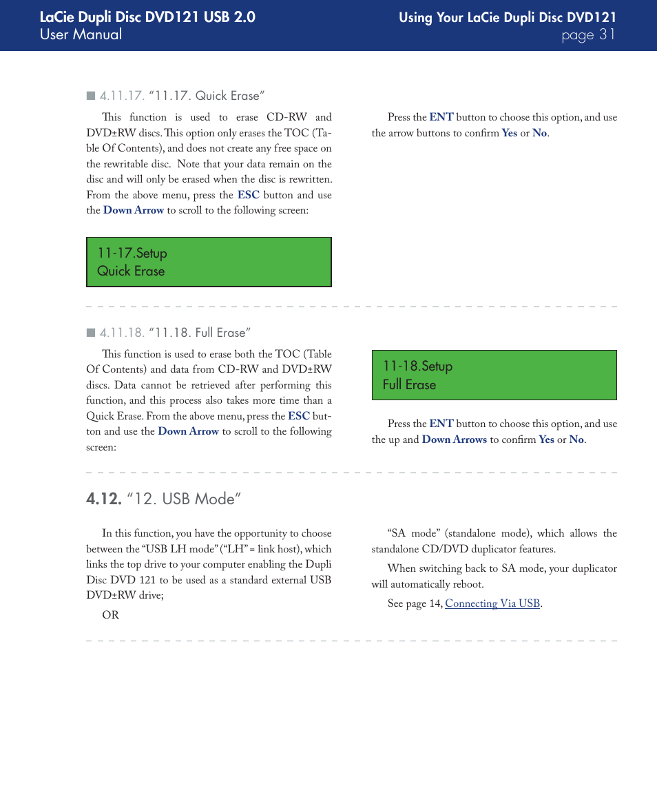 “11.17. quick erase, “11.18. full erase, “12. usb mode | LaCie DVD121 User Manual | Page 31 / 40