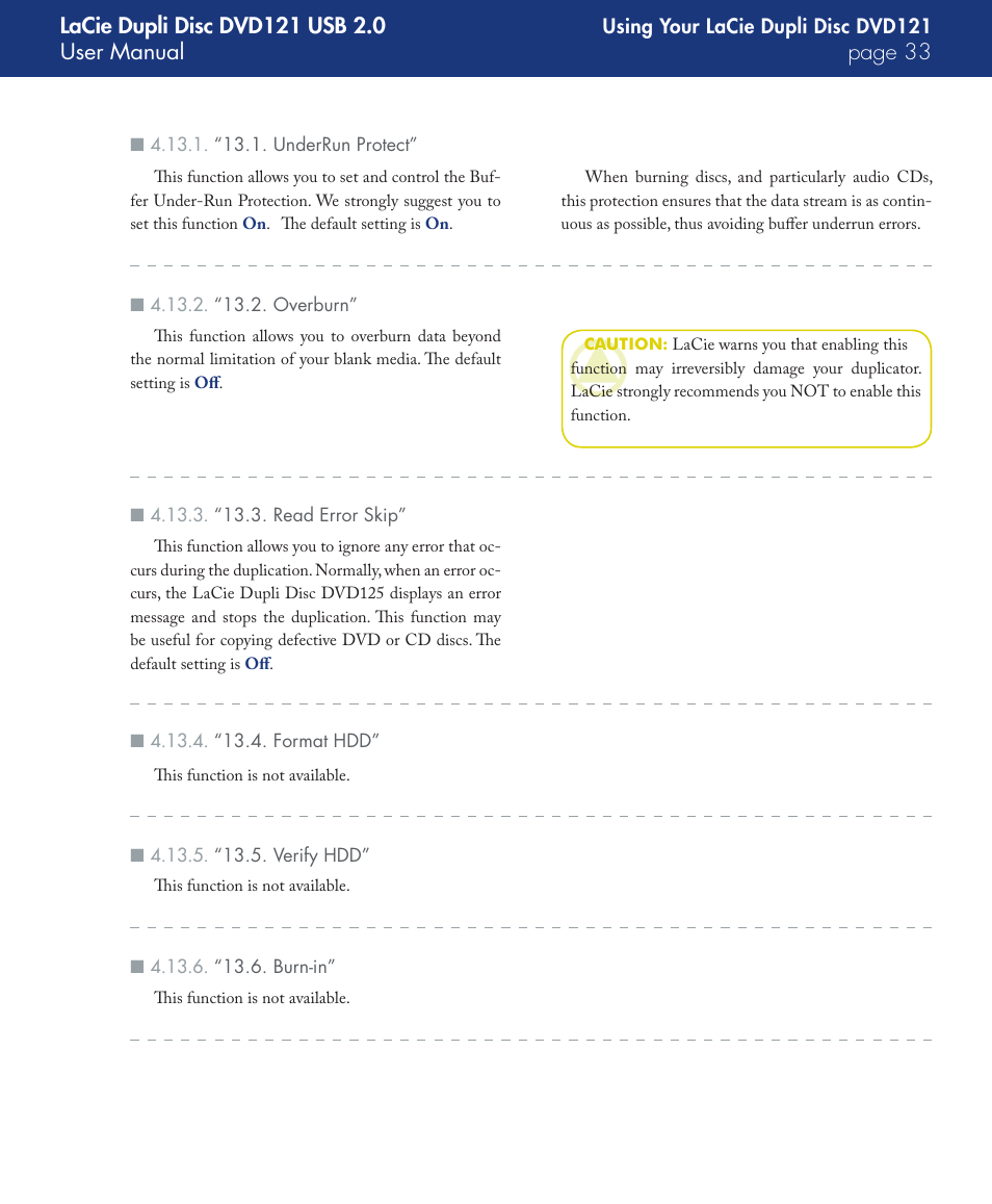 “13.1. underrun protect, “13.2. overburn, “13.3. read error skip | “13.4. format hdd, “13.5. verify hdd, “13.6. burn-in | LaCie DVD121 User Manual | Page 33 / 40